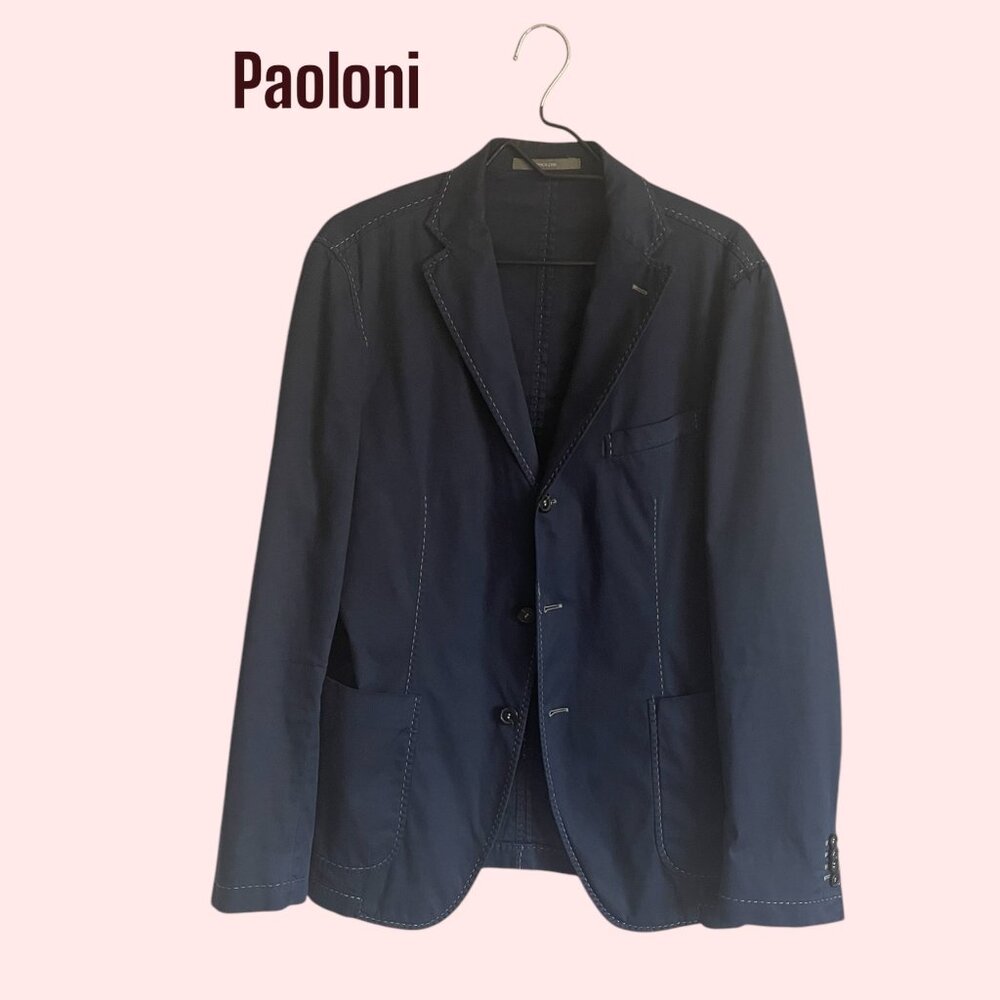 Paoloni Vintage Italian Luxury Blazer Navy Cotton Unlined Men IT 40 US 50 EUC